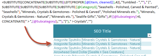 Excel formula =SUBSTITUTE(CONCATENATE(SUBSTITUTE(LEFT(PROPER([@[Item, cleaned]]),42),"Tumbled - ","")," [",SUBSTITUTE(SUBSTITUTE(SUBSTITUTE(SUBSTITUTE([@Category3],"Seashells - Polished, Carved & Painted","Seashells"),"Minerals, Crystals & Gemstones - Polished & Carved","Polished Minerals etc."),"Minerals, Crystals & Gemstones - Natural","Minerals etc."),"Sealife Gifts","Gifts"),IF([@Subcategory]>0,CONCATENATE(" > ",[@Subcategory]),""),"]")," > Crystals","")